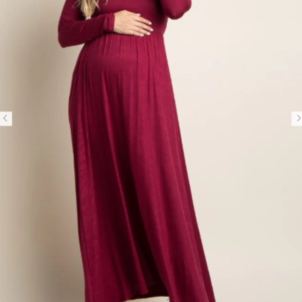 PinkBlush Petite Dark Burgundy Solid Off Shoulder Maternity Maxi Dress